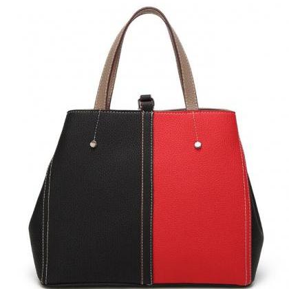 Pu Leather Two-tone Tote Bag Handbag With Shoulder..