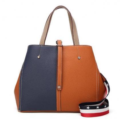 Pu Leather Two-tone Tote Bag Handbag With Shoulder..