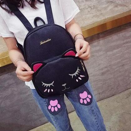 Cute Cat Backpack School Women Pu Leather..