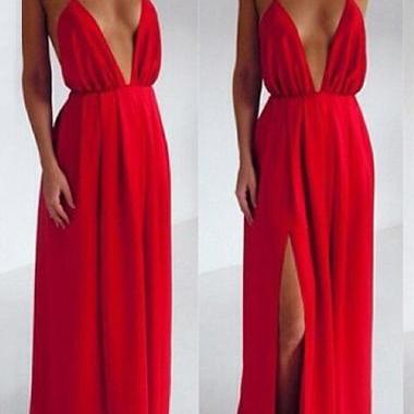 Fabulous Deep V Neck Maxi Dress In Red