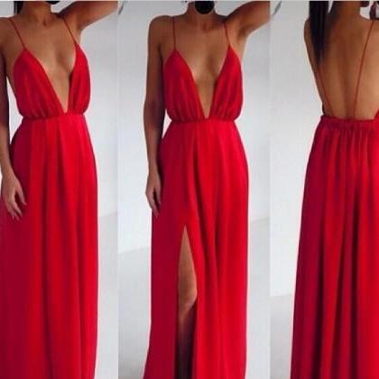 Fabulous Deep V Neck Maxi Dress In Red
