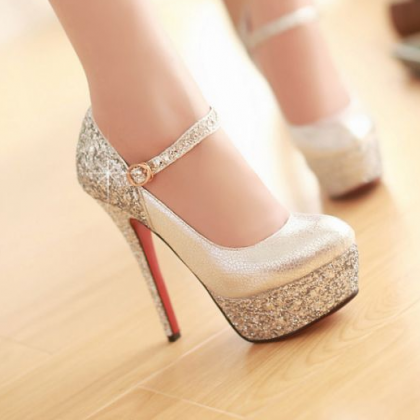 Sparkly Gold Ankle Strap Stiletto High Heels Party..