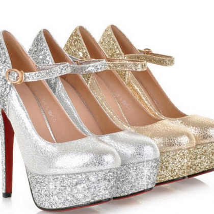 Sparkly Gold Ankle Strap Stiletto High Heels Party..