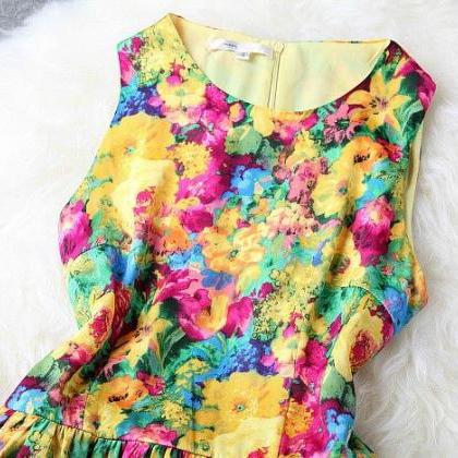 Fancy Chiffon Sleeveless Floral Dress In 3 Colors