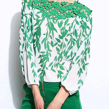 Chic Green Lace Patch Work Design Chiffon Top
