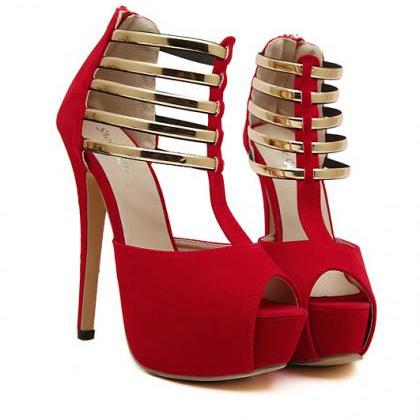 Classy Red And Gold Peep Toe High Heels Sandals