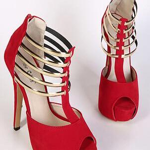 Classy Red And Gold Peep Toe High Heels Sandals