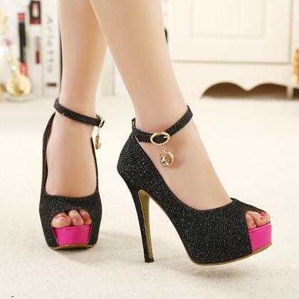 Black Peep Toe Charmed High Heel Shoes