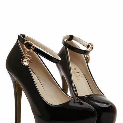 Glossy Pu Leather Rounded Toe High Heel Pumps With..