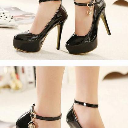 Glossy Pu Leather Rounded Toe High Heel Pumps With..