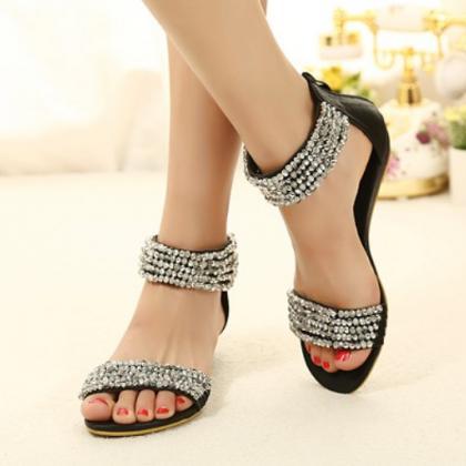 Bohemian Diamond Design Black Flat Fashion Sandals