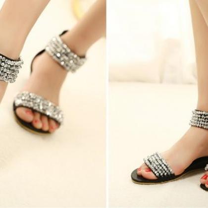 Bohemian Diamond Design Black Flat Fashion Sandals
