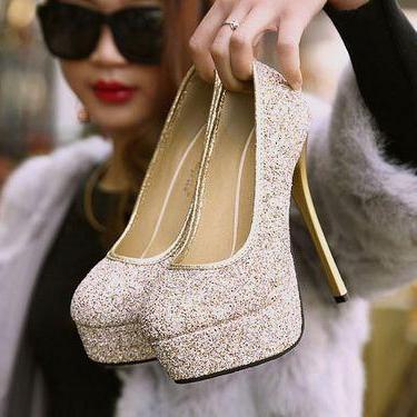 Gold Glitter Rounded-toe Platform High Heel..