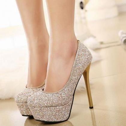 Gold Glitter Rounded-toe Platform High Heel..
