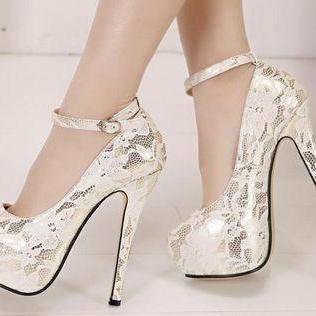 White Floral Lace Round Toe High Heel Stiletto..