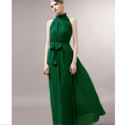 Bow Belt Chiffon Maxi Dress In Deep Green