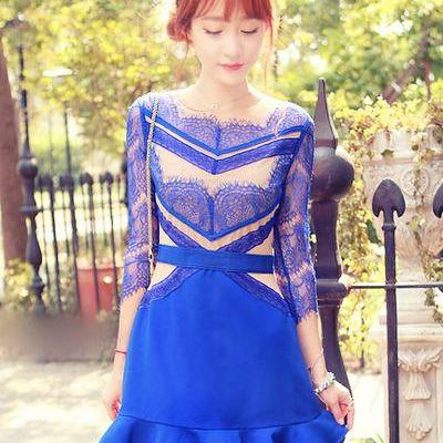 Beautiful Blue Lace Long Sleeve Dress