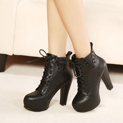 Lace Up Black Chunky Heel Rivets Design Boots