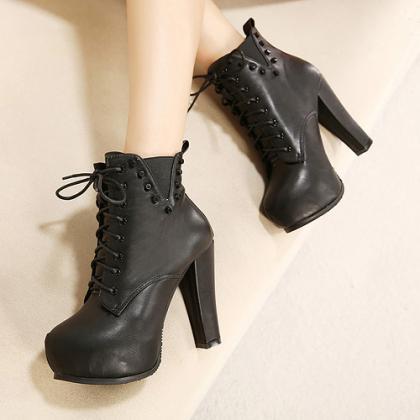 Lace Up Black Chunky Heel Rivets Design Boots