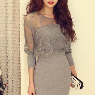 Lace Grey Long Sleeve Mini Dress