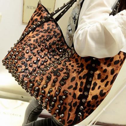 Studded Leopard Print Hand Bag