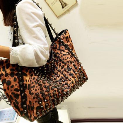 Studded Leopard Print Hand Bag