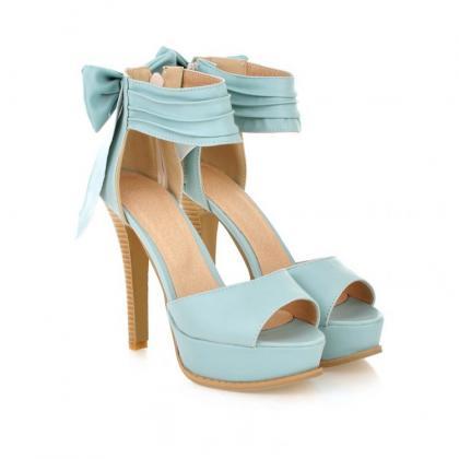 Stylish High Heel Ankle Strap Blue Bow Design..