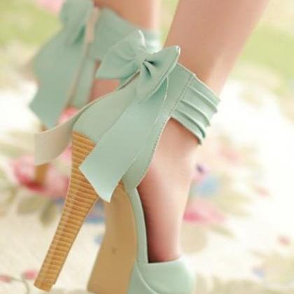 Stylish High Heel Ankle Strap Blue Bow Design..
