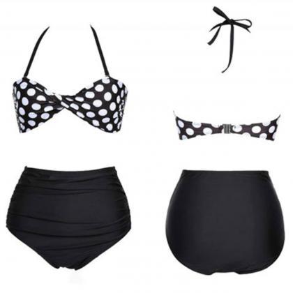 Twisted Bow Black Polka Dots Design Two Pieces..
