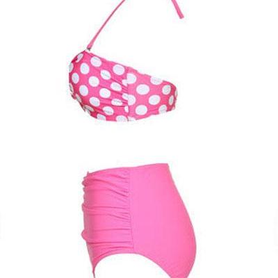 Pink Twisted Bow Design Polka Dots Two Pieces..