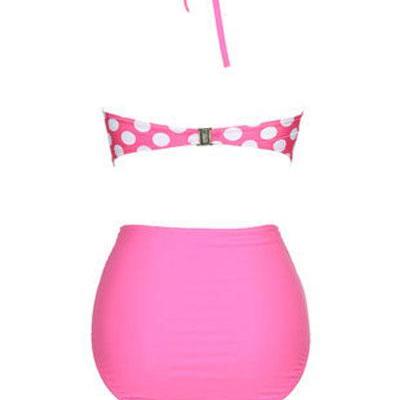 Pink Twisted Bow Design Polka Dots Two Pieces..