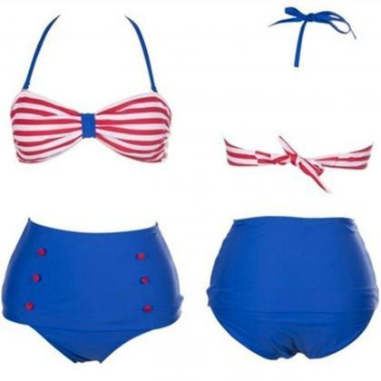 Nautical Inspired Red And Blue Stripes Bikini Set