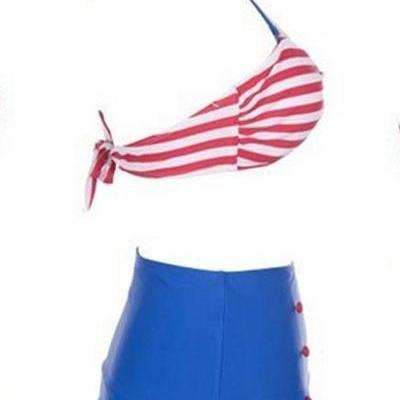 Nautical Inspired Red And Blue Stripes Bikini Set