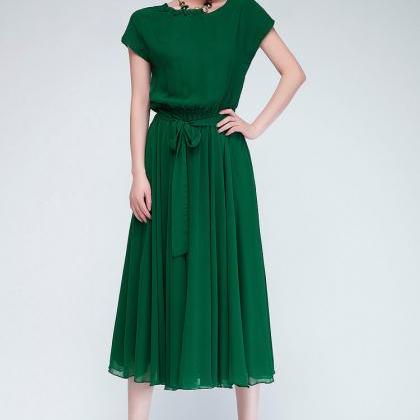Beautiful Short Sleeve Green Chiffon Dress