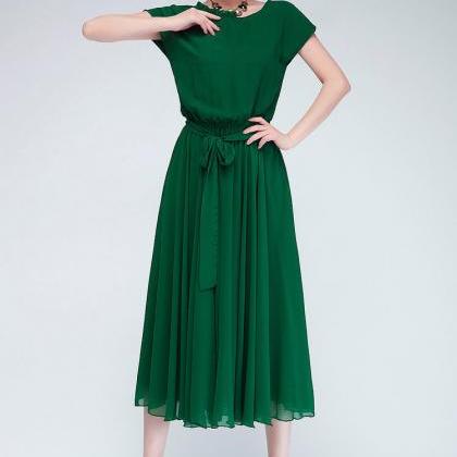 Beautiful Short Sleeve Green Chiffon Dress