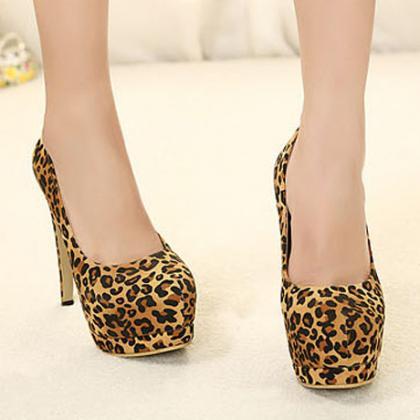 Leopard Print Faux Suede Rounded-toe High Heel..