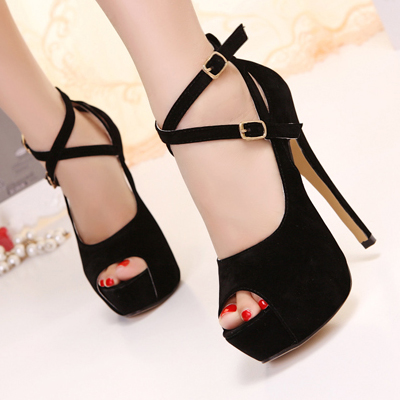 Black Peep Toe Suede Criss Cross Ankle Strap High..