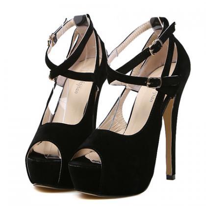 Black Peep Toe Suede Criss Cross Ankle Strap High..