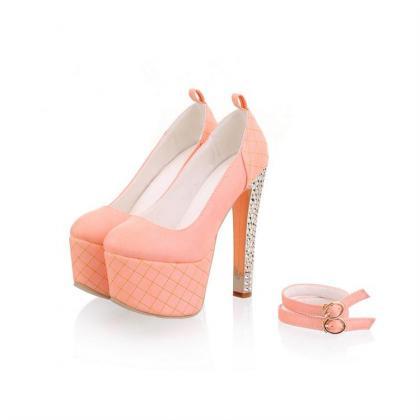 Fashion Round Toe Closed Chunky Ankle Strap Pink..