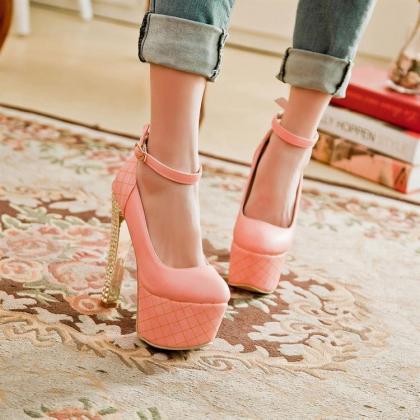 Fashion Round Toe Closed Chunky Ankle Strap Pink..