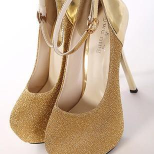 Gold Glittery Round Toe High Heel Pumps With..