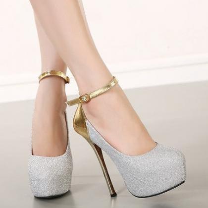 Gold Glittery Round Toe High Heel Pumps With..