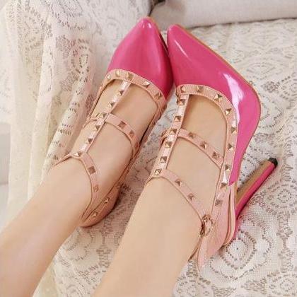 Rose Pink Rivet Design Pointed Toe High Heel..