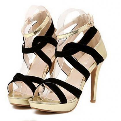 Elegant Black And Gold Peep Toe Fashion High Heel..