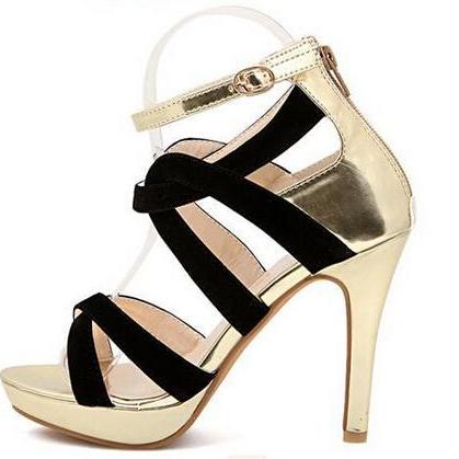 Elegant Black And Gold Peep Toe Fashion High Heel..