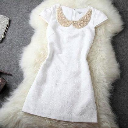 Cute Doll Collar Pearl Rivet White Dress