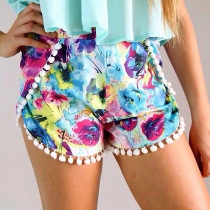 Floral Print Pom Pom Shorts