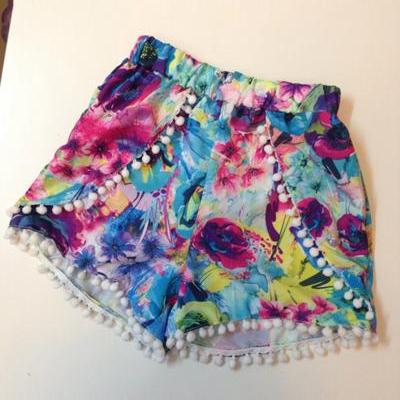 Floral Print Pom Pom Shorts
