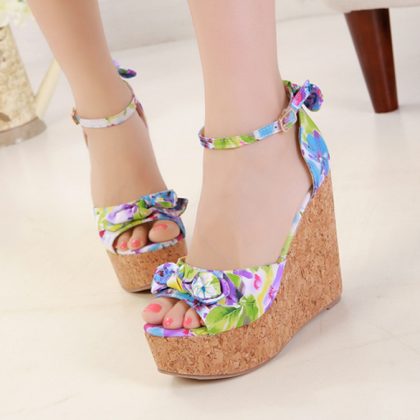 Women Colourful Floral Wedge Sandals With Ankle..