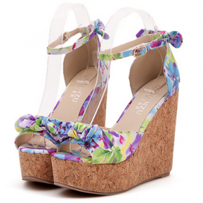 Women Colourful Floral Wedge Sandals With Ankle..